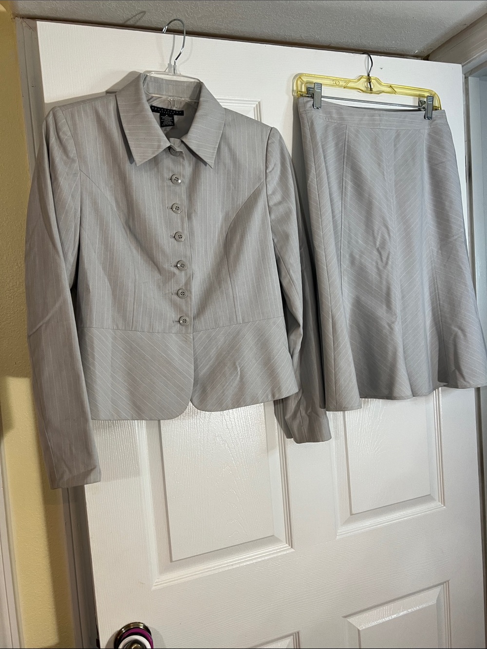 Apostrophe Light Gray Pinstripe Women's Blazer and Skirt Set